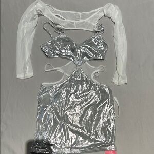 NEVER WORN- Silver Metallic Cut-Out Dress with Sheer White Sleeves
